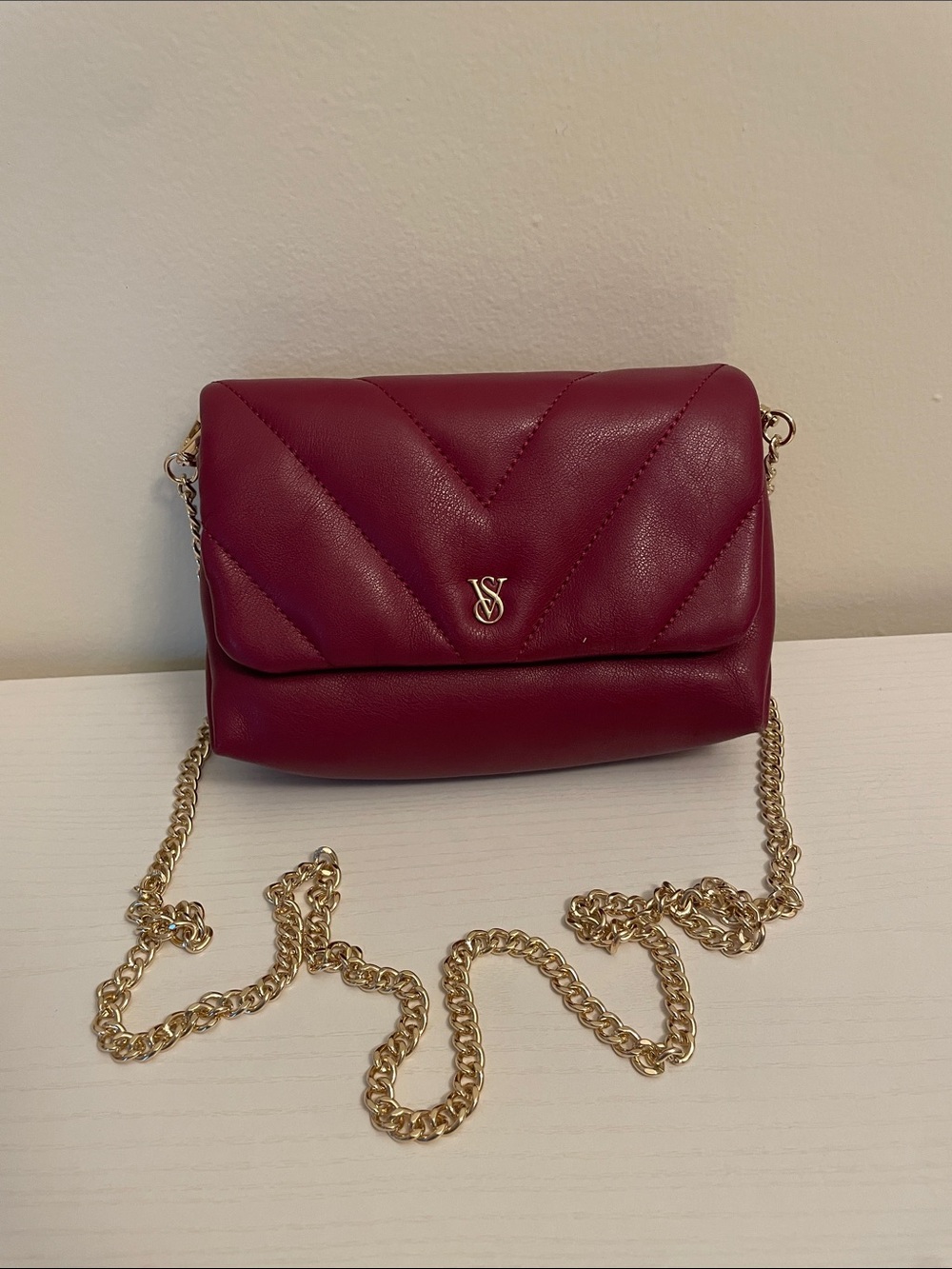Victoria's Secret Wine Quilted Crossbody with Gold Chain